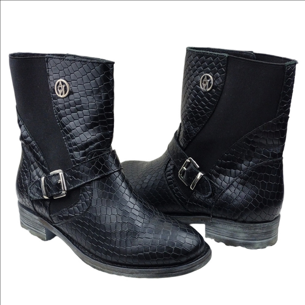 Armani Jeans Black Leather Snakeskin Buckle Detail Low Heel Mid High Ankle Boot